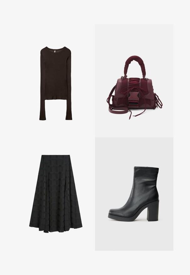 Maglietta aderente a maniche lunghe realizzata in tessuto marrone scuro. Collo rotondo, superficie liscia e maniche leggermente allungate senza polsini.; Gonna plissettata nera realizzata in tessuto testurizzato, con un motivo a griglia. Il design è lungo fino ai piedi con una silhouette fluida.; Stivale alla caviglia in pelle nera con tacco a blocco alto, texture liscia, design sfiancato e dettagli cuciti nella parte superiore.; Steve Madden BDIEGO - Borsa a mano - cranberry