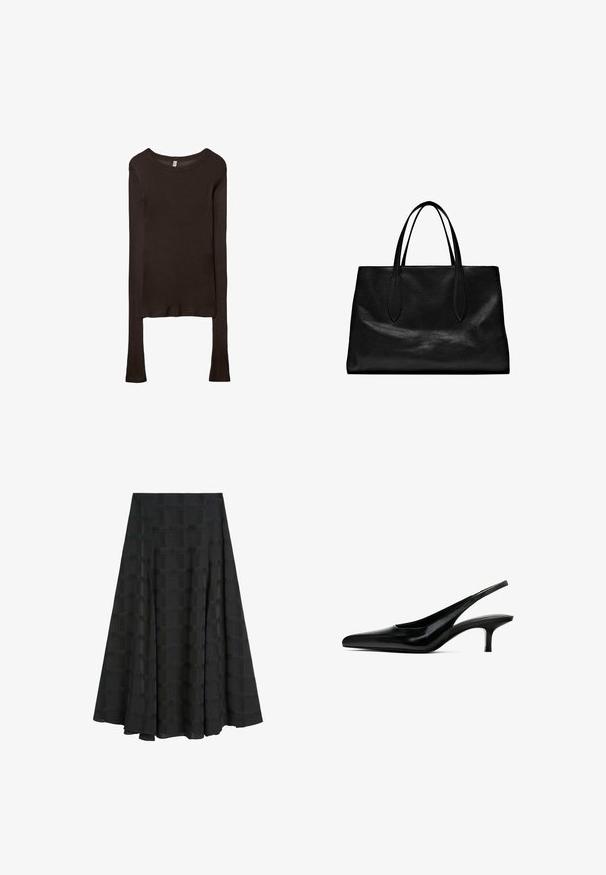 Langärmliges, tailliertes Oberteil aus dunkelbraunem Stoff. Runder Ausschnitt, glatte Textur und leicht verlängerte Ärmel ohne Bündchen.; Schwarzer plissierter Rock aus strukturiertem Stoff mit einem Gittermuster. Das Design ist knöchellang und hat eine fließende Silhouette.; Schwarzer Slingback-Schuh mit spitzem Zehenbereich, glänzender Lederoberfläche und dünnem, niedrigem Absatz. Verfügt über einen Ausschnitt an der Seite für Atmungsaktivität.; Schwarze Leder-Tote mit zwei langen Griffen, einer strukturierten Form, glatter Textur und minimalistischem Design. Keine sichtbaren Beschläge oder Akzente.