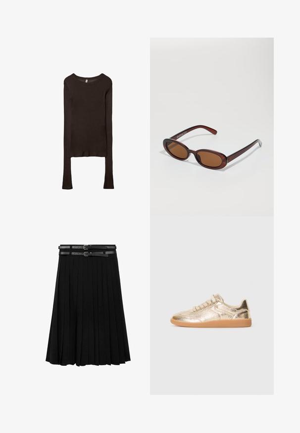 Langærmet, tætsiddende top lavet af mørkebrun stof. Rund halsudskæring, glat tekstur og let forlængede ærmer uden manchetter.; Sort plisseret nederdel med to læderremme og sølvspænder i livet. Fremstillet af et glat, flydende stof.; Lave sneakers med metallisk gylden tekstureret overdel, beige snørebånd og gummisål, vist fra ydersiden på hvid baggrund.; Runde, bruntonede solbriller med en glansfuld bordeauxramme. Slanke arme med diskret brandingdetalje. Flad linsedesign.; Lædertaske med leopardprint og en sort imitation læderbund, dobbelte top hanke, guld lynlås og accentuerede sorte imitation læderlapper. Firkantet form.