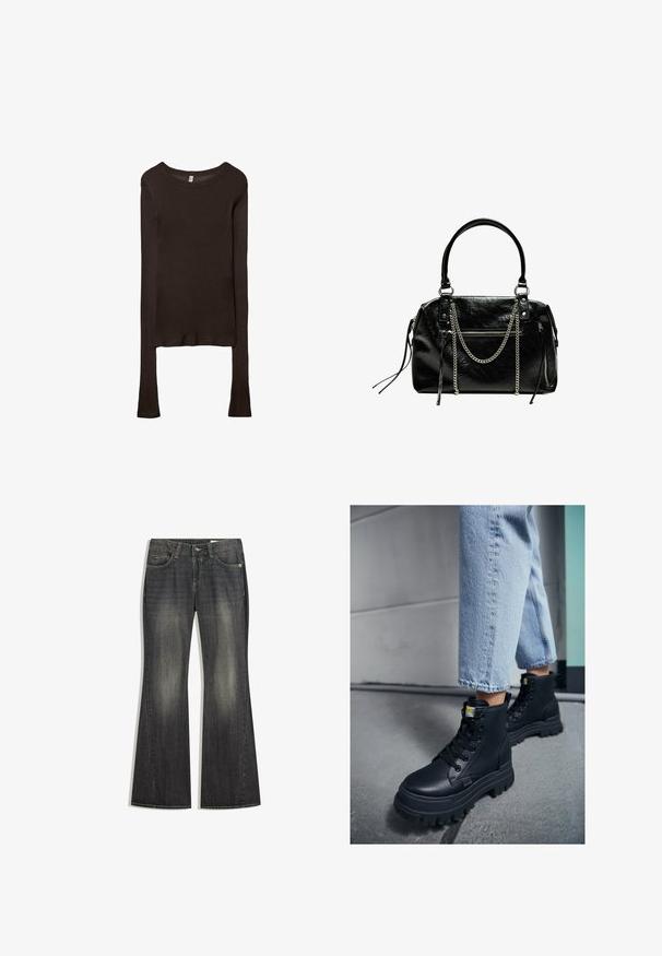 Długi rękaw, dopasowany top wykonany z ciemnobrązowego materiału. Okrągły dekolt, gładka tekstura i nieco wydłużone rękawy bez mankietów.; Spodnie dżinsowe w kolorze ciemno-niebieskim o rozszerzających się nogawkach, z delikatnym przetarciem, pięcioma kieszeniami i kontrastowym przeszyciem, z klasycznym zapięciem na guzik i suwak.; Czarne wysokie botki ze skórzaną fakturą, z grubą gumową podeszwą i czarnymi sznurowadłami, w połączeniu z jasnoniebieskimi dżinsami z mankietami.; Bershka - Torebka
