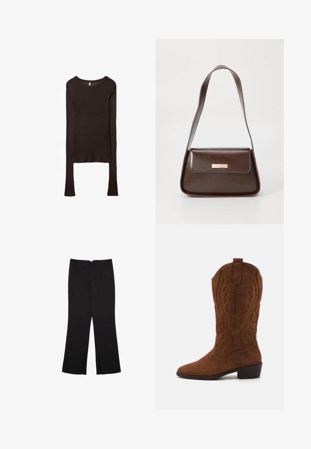 Dolga rukava, prilegajoča majica iz temno rjave tkanine. Okrogli izrez, gladka tekstura in nekoliko podaljšani rokavi brez manšet.; Črne hlače ravnega kroja z naglavnimi žepi in stranskimi razporki na robu. Narejene iz mehke, gladke tkanine. Primerne za različne priložnosti.; Anna Field Škornji v kavbojskem/motorističnem slogu - brown; Rjava usnjena torba za ramo z urejeno obliko, ki ima magnetno zapiranje na pokrovu in kovinski logotip na sprednji strani.