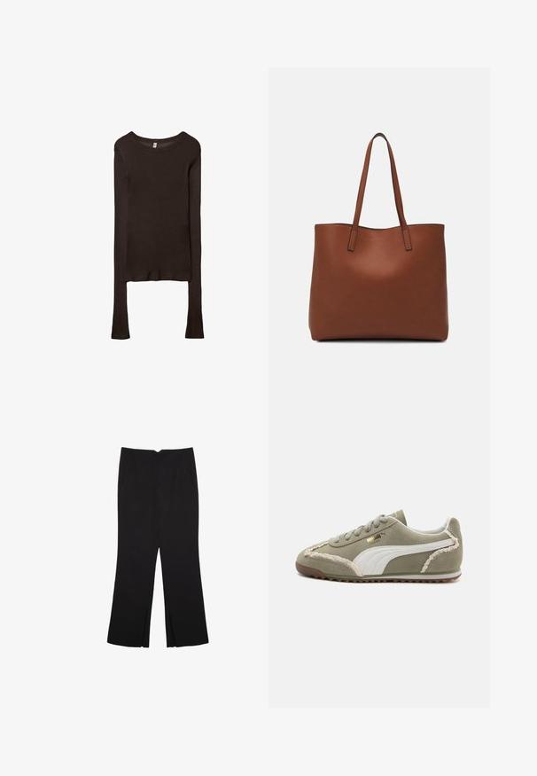 Dugi rukavi, uska majica izrađena od tamnosmeđeg materijala. Okrugli izrez, glatka tekstura i blago produženi rukavi bez manžeta.; Crne hlače ravnog kroja, s prednjim džepovima i bočnim prorezima na rubu. Izrađene od mekog i glatkog materijala. Pogodne za razne prigode.; Zelene mokasine od zamšene kože s bijelim kožnim akcentima, teksturiranim šavovima, vezanjem sprijeda i gumenim potplatom. Sadrži jedinstvene dizajnerske detalje duž bočnih strana.; Smeđa kožna torba preko ramena s glatkom teksturom, otvorenim vrhom i dvjema naramenicama. Ima minimalne šavove i nema vidljivog hardvera.