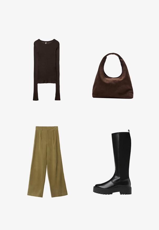 Langærmet, tætsiddende top lavet af mørkebrun stof. Rund halsudskæring, glat tekstur og let forlængede ærmer uden manchetter.; Bredde bukser i olivengrøn, lavet af blødt stof. Har høj talje, frontfolder og en glat overflade.; Knæhøje sorte syntetiske støvler med en glat, struktureret overflade og chunky gummisål. Har en hjælpestrop bagpå for nem påtagning.; Blød brun hobo-stil håndtaske med en enkelt bred strop og en buet åbning på toppen, vist på en hvid baggrund.