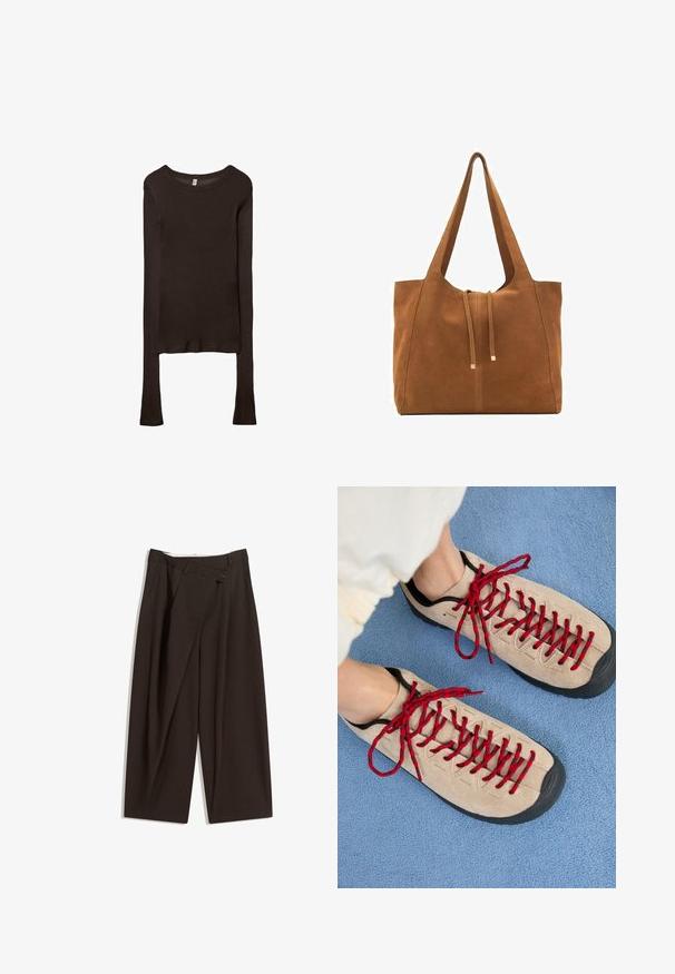 Dugi rukavi, uska majica izrađena od tamnosmeđeg materijala. Okrugli izrez, glatka tekstura i blago produženi rukavi bez manžeta.; Tamno smeđe široke hlače s visokim strukom, s jednim dugmadi na zakopčavanju i pregibom sprijeda. Izrađene od laganog materijala.; Bež cipele s crvenim vezicama, smještene na plavoj teksturiranoj površini, djelomično otkrivaju osobnu gležanj. Cipele imaju sportski dizajn.; Smeđa antilop torba za ruke s dva duga remena, zatvaranje na vezicu i minimalistički dizajn. Glatka tekstura i bez vidljivih metalnih elemenata.