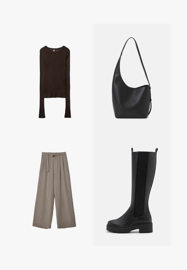 Long-sleeve, fitted top made of dark brown fabric. Round neckline, smooth texture, and slightly extended sleeves without cuffs.; Wide-leg trousers in a soft, muted grey fabric, featuring a belted waist and pleats for added design detail. Smooth texture, no patterns.; Black knee-high boots featuring a smooth leather exterior, elastic side panels, and a chunky textured sole for traction.; Black leather hobo bag with a smooth texture, curved shape, and single adjustable strap; features a wide opening at the top.
