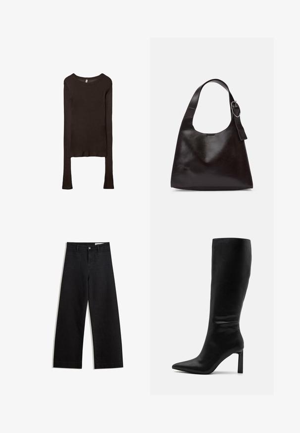 Langærmet, tætsiddende top lavet af mørkebrun stof. Rund halsudskæring, glat tekstur og let forlængede ærmer uden manchetter.; Sorte wide-leg denim bukser med høj talje, der har front- og baglommer, syede sømme og en knaplukning. Glat tekstur.; Even&Odd Høje støvler/ Støvler - black; Brun læder skuldertaske med en glat tekstur, rund form, bred rem og cirkulært metalaccent på håndtaget.
