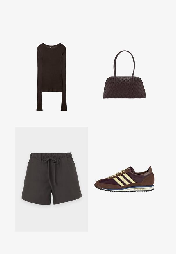 Dlhý rukáv, priliehavý top vyrobený z tmavohnedého materiálu. Okrúhly výstrih, hladká textura a mierne predĺžené rukávy bez manžiet.; Tmavo šedé bavlnené šortky s elastickým pásom, nastaviteľným šnúrkovým uzáverom a voľným strihom. Hladká textura bez viditeľných vzorov alebo ozdôb.; Hnedé a bordové tenisky z semišu a sieťoviny, s tromi krémovými pruhmi, textúrovanou tkaninou na jazyku a gumovou podrážkou.; Tkaná hnedá kožená kabelka zaobleného tvaru, s dvojitými hornými uchami a hladkým povrchom; obsahuje jemné prešívanie pre dizajnový detail.