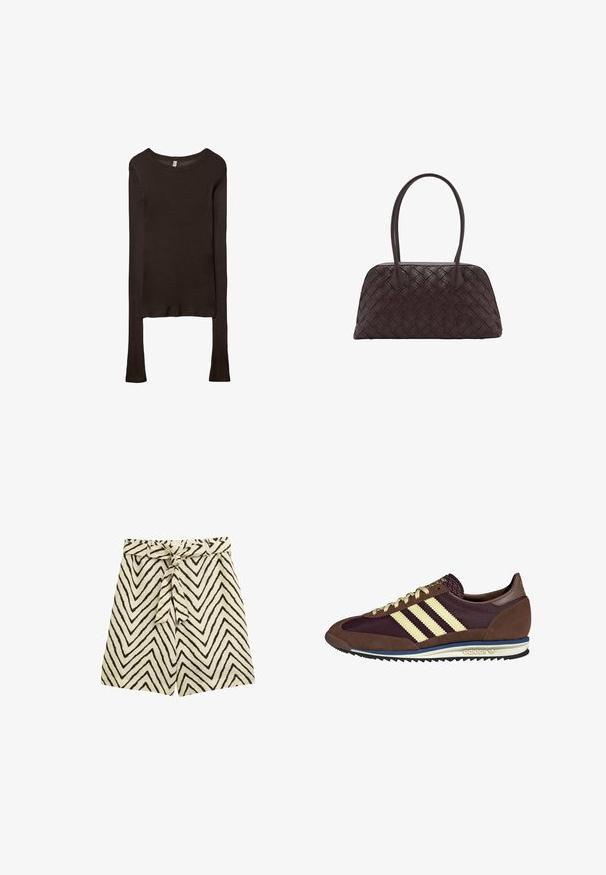Langærmet, tætsiddende top lavet af mørkebrun stof. Rund halsudskæring, glat tekstur og let forlængede ærmer uden manchetter.; Lettere shorts i en beige stof med sorte zigzag-mønstre. Har et bindebånd i taljen og en afslappet pasform.; Brune og bordeaux sneakers lavet af ruskind og mesh-materialer, med tre cremefarvede striber, tekstureret stof på tungen, og en gummisål.; Vævet brun lædertaske med rund form, dobbelt top håndtag og glat tekstur; har diskret syning som designdetalje.