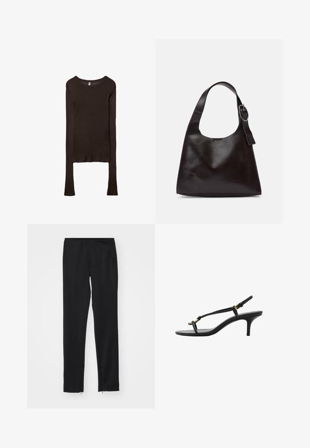 Dlouhý rukáv, přiléhavý top vyrobený z tmavě hnědé látky. Kulatý výstřih, hladká textura a mírně prodloužené rukávy bez manžet.; Černé slim fit kalhoty s elastickým pasem, hladkou texturou a zipovými detaily na lemu. Vyrobeno z lehkého materiálu.; Černé kožené sandály na kotníkovém podpatku s tenkými pásky, zlatou sponou a minimalistickým provlečením na prstech na bílém pozadí.; Hnědá kožená taška přes rameno s hladkou texturou, zaobleným tvarem, širokým popruhem a kulatým kovovým akcentem na rukojeti.