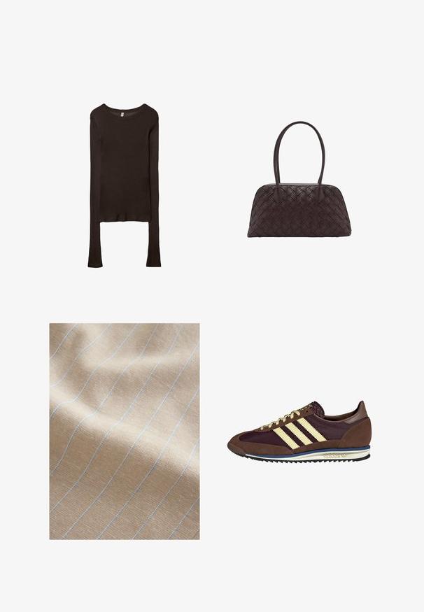 Långärmad, figurnära topp i mörkbrunt tyg. Rund halsringning, slät yta och något förlängda ärmar utan manschetter.; Ljusbeige tyg med en texturerad väv, försedd med tunna blå ränder som löper vertikalt. Mjuk textur och en något skrynklig framtoning.; Bruna och burgundy sneakers i mocka och mesh-material, med tre krämfärgade ränder, textil på tungan och en gummisula.; Vävd brun läderhandväska med rundad form, dubbla handtag på toppen och slät textur; har subtil sömnad för designdetaljer.