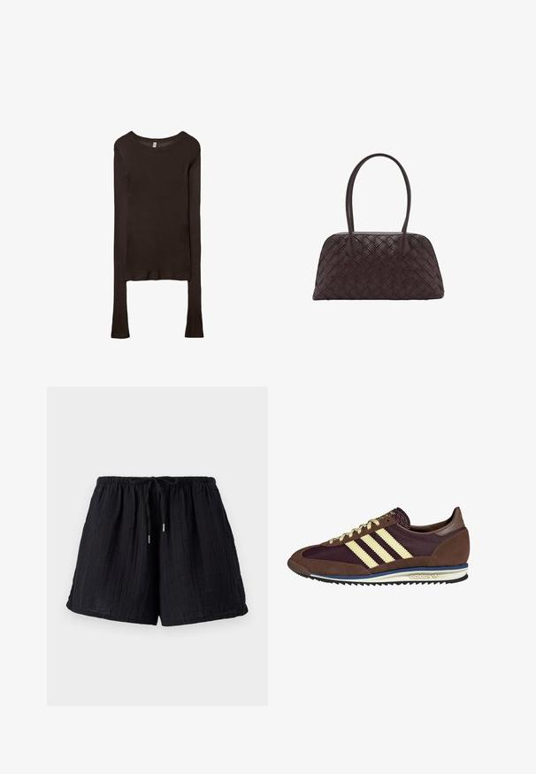 Langsleeve, getailleerd shirt van donkerbruine stof. Ronde halslijn, gladde textuur en iets verlengde mouwen zonder manchetten.; Zwarte katoen shorts met een gestructureerde, gekreukelde afwerking. Voorzien van een elastische tailleband en een verstelbaar trekkoord voor comfort en pasvorm.; Bruine en bordeauxkleurige sneaker van suede en mesh materiaal, met drie crèmekleurige strepen, een gemêleerd stof op de tong en een rubberen zool.; Gevlochten bruine leren handtas met ronde vorm, dubbele bovenhandvaten en een gladde textuur; kenmerken subtiele stitching voor ontwerpdetaillering.
