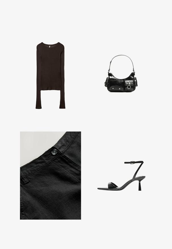 Haut ajusté à manches longues en tissu marron foncé. Encolure ronde, texture lisse et manches légèrement allongées sans poignets.; Pantalon en lin noir avec une texture lisse, équipé d'un bouton circulaire et de détails cousus à la taille et aux poches.; Bershka Sandales à talons hauts - black; Sac à main en cuir verni noir avec une forme incurvée, une bandoulière, des poches avant et des accents en métal argenté.