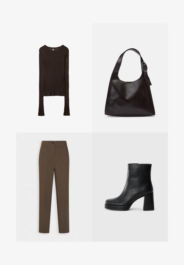 Long-sleeve, fitted top made of dark brown fabric. Round neckline, smooth texture, and slightly extended sleeves without cuffs.; Straight-leg brown trousers with belt loops and a single front button closure, displayed on a white background.; Black leather ankle boot with a block heel and platform sole, viewed from the side on a plain white background.; Brown leather shoulder bag with a smooth texture, rounded shape, wide strap, and circular metallic accent on the handle.