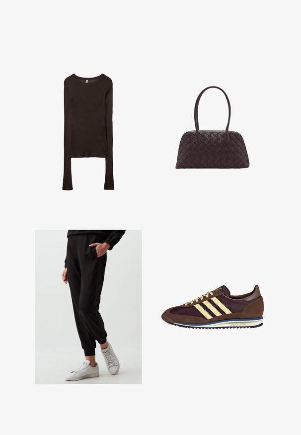 Langärmliges, tailliertes Oberteil aus dunkelbraunem Stoff. Runder Ausschnitt, glatte Textur und leicht verlängerte Ärmel ohne Bündchen.; Schwarze Jogginghose aus weichem Material mit elastischen Bündchen und Seitentaschen, kombiniert mit weißen Sneakern. Glatte Textur, einfaches Design.; Braune und burgunderfarbene Sneaker aus Wildleder und Mesh-Materialien, mit drei cremefarbenen Streifen, strukturiertem Stoff an der Zunge und einer Gummisohle.; Geflochtene braune Ledertasche mit runder Form, doppeltem oberen Griff und glatter Textur; verfügt über subtile Nähte als Designdetail.