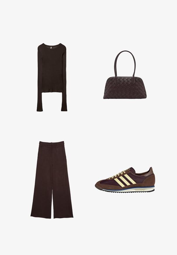 Maglietta aderente a maniche lunghe realizzata in tessuto marrone scuro. Collo rotondo, superficie liscia e maniche leggermente allungate senza polsini.; Pantaloni larghi marroni realizzati in tessuto morbido, con vita elastica e cordino di regolazione, e una superficie texturizzata per un tocco di dettaglio in più.; Sneaker marrone e bordeaux realizzato in materiali scamosciati e in rete, caratterizzato da tre strisce color crema, tessuto testurizzato sulla linguetta e suola in gomma.; Borsa a mano in pelle intrecciata marrone con forma arrotondata, doppi manici superiori e texture liscia; presenta cuciture sottili come dettaglio di design.