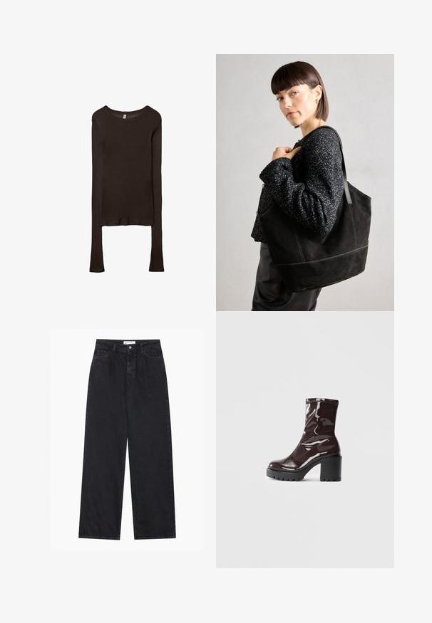 Dugi rukavi, uska majica izrađena od tamnosmeđeg materijala. Okrugli izrez, glatka tekstura i blago produženi rukavi bez manžeta.; Crne traperice širokog kroja s visokim strukom, s prednjim dugmetom i patentnim zatvaračem, petljama za pojas i pet džepova.; Sjajna burgundska čizma do gležnja s debelim crnim potplatom, koja se odlikuje glatkom teksturom i jednostavnim dizajnom. Nema vidljivih kopčanja ili uzoraka.; Crna suede torba s glatkom teksturom, strukturiranim oblikom i kontrastnim šavovima. Ima duge trake za nošenje preko ramena.