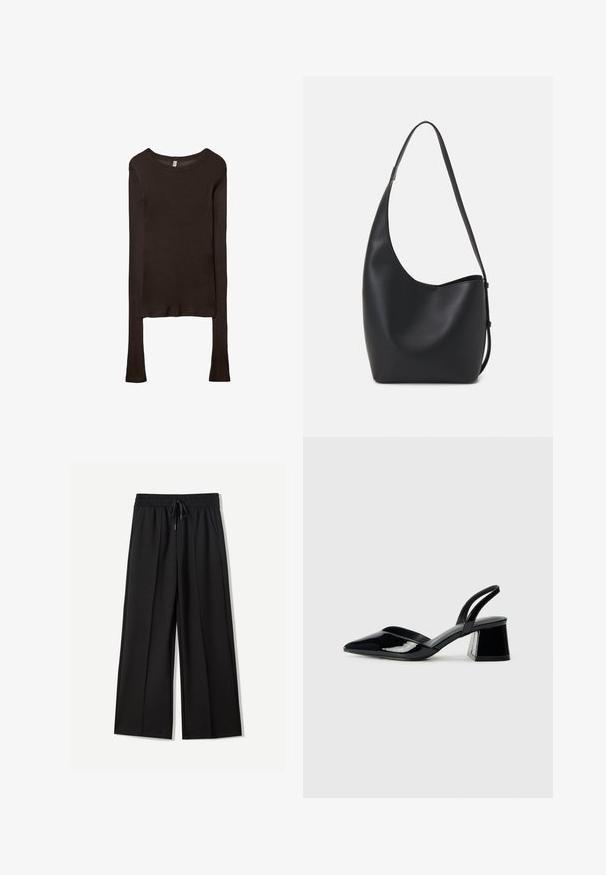Dlhý rukáv, priliehavý top vyrobený z tmavohnedého materiálu. Okrúhly výstrih, hladká textura a mierne predĺžené rukávy bez manžiet.; Čierne široké nohavice vyrobené z mäkkej látky. Majú elastický pás s šnúrkou a dve bočné vrecká. Predná časť je rovná s záhybmi.; Čierne lakované kožené sandálové podpätky s špicatou špičkou a geometrickým blokovým podpätkom. Disponujú elegantným, minimalistickým dizajnom a hladkým povrchom.; Čierna kožená hobo taška so hladkou textúrou, zakriveným tvarom a jedným nastaviteľným popruhom; má široké otvorenie na vrchu.