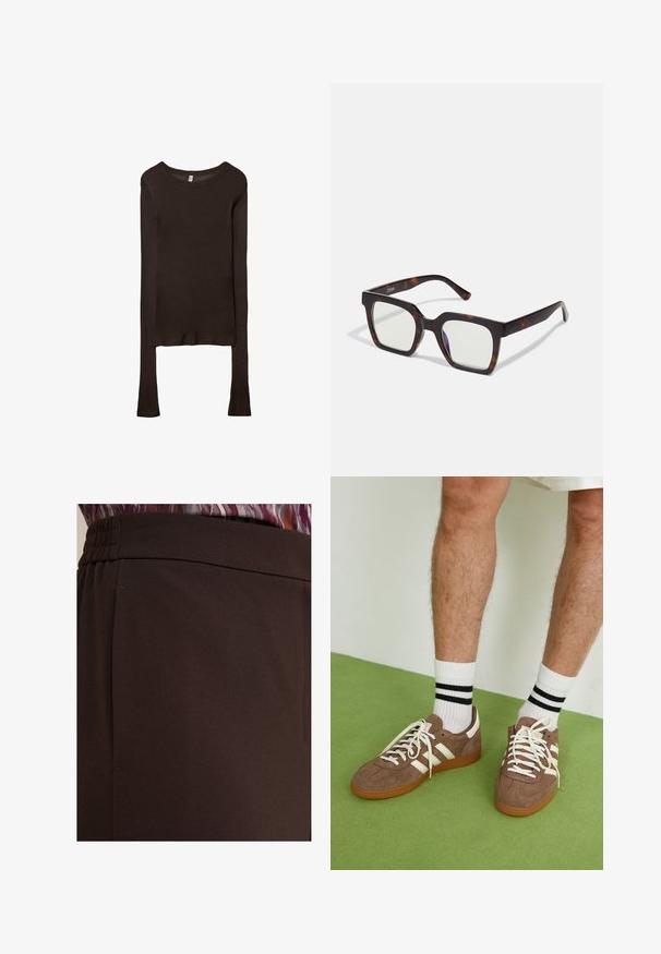 Dugi rukavi, uska majica izrađena od tamnosmeđeg materijala. Okrugli izrez, glatka tekstura i blago produženi rukavi bez manžeta.; Smešane smeđe hlače glatke teksture s plisiranim pojasom i bočnim šavom. Prikaz izbliza koji naglašava pad tkanine i detalje dizajna.; Smeđe nubuk tenisice s bijelim detaljima i vezicama. Gumeni potplat. Nosene s bijelim čarapama s crnim prugama. Zeleno teksturirano pod.; Kvadratne naočale s okvirom od acetata u boji kornjačevine i prozirnim staklima. Imaju široka uha i mat finiš, što povećava ukupnu izdržljivost.; Bež suđena torba sa zaobljenim oblikom, sa tri nabrane džepa na prednjoj strani i jednim podesivim remenom.