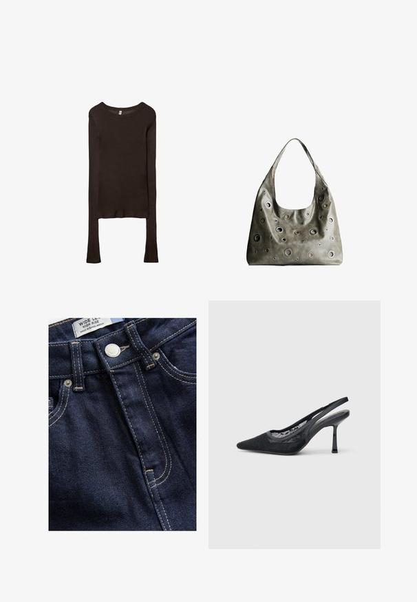 Langærmet, tætsiddende top lavet af mørkebrun stof. Rund halsudskæring, glat tekstur og let forlængede ærmer uden manchetter.; Next WIDE - Wide leg - rinse; Sort slingback højhælet sko med spids tå, overdel i blonder og blank hæl. Har en gennemsigtig blondepanel og tynd ankelrem.; Oliven grøn læderhåndtaske med et slouchy design, der har forskellige størrelser af cirkulære udskæringer og accenter i mørkere og lysere nuancer.