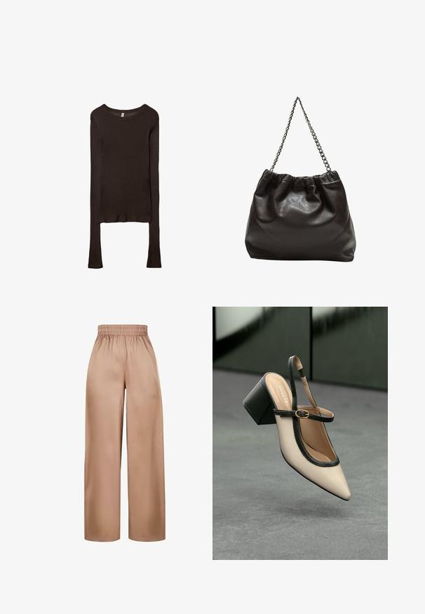 Langärmliges, tailliertes Oberteil aus dunkelbraunem Stoff. Runder Ausschnitt, glatte Textur und leicht verlängerte Ärmel ohne Bündchen.; Weit geschnittene, hellbraune Hosen aus glattem Stoff mit einem elastischen Bund. Sie verfügen über ein einfaches Design ohne zusätzliche Verzierungen.; Beige Slingback-Schuh mit spitzer Zehenpartie, schwarzer Umrandung, goldener Schnalle und dicker Blockabsatz auf grauem Boden vor dunklem grünen Hintergrund.; Braune Lederhandtasche mit gerafftem Oberteil und Kettenriemen. Glatte Textur mit glänzendem Finish und subtilen Nahtdetails an den Seiten.