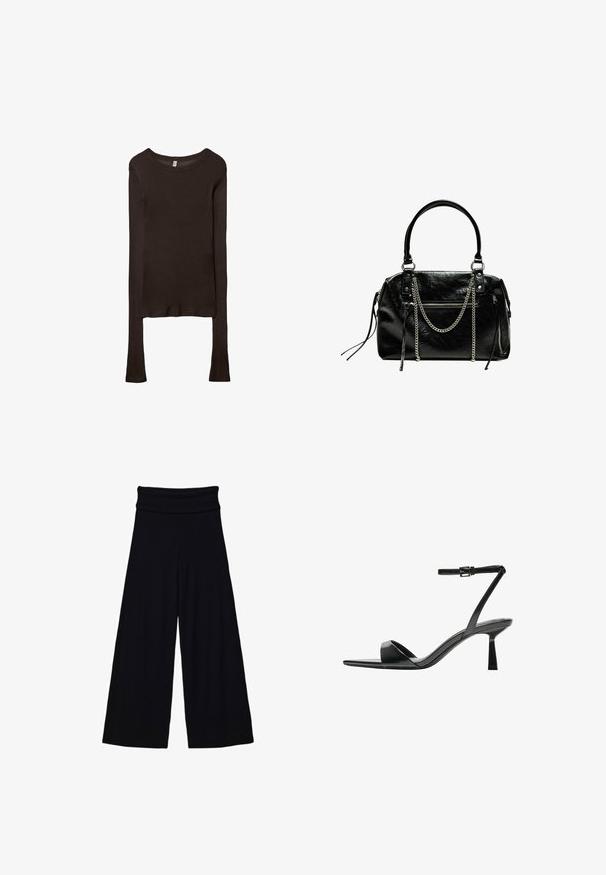 Dlhý rukáv, priliehavý top vyrobený z tmavohnedého materiálu. Okrúhly výstrih, hladká textura a mierne predĺžené rukávy bez manžiet.; Stradivarius WIDE-WITH FOLD-DOWN WAIST - Nohavice - black; Bershka Sandále na vysokom opätku - black; Bershka WITH CHAIN - Kabelka - black