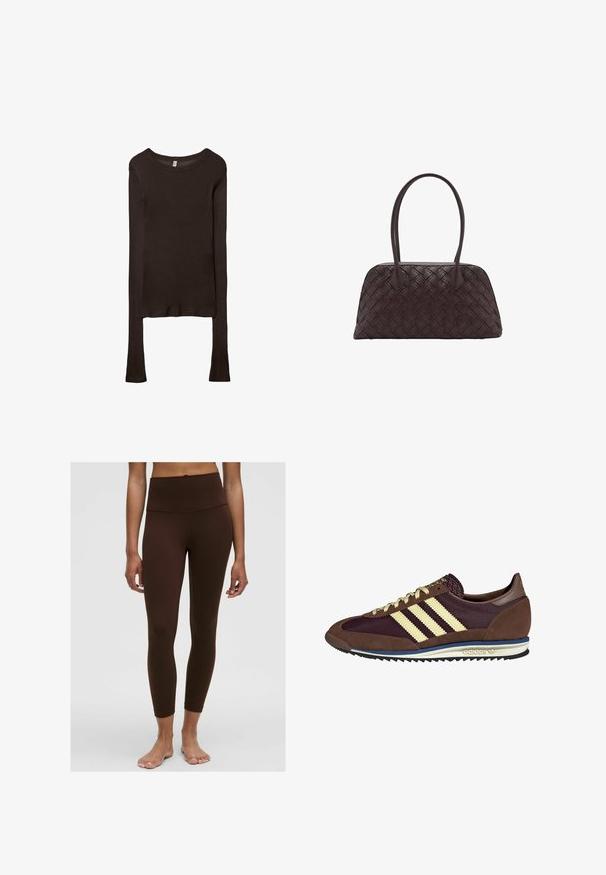 Pitkähiha, istuva paita tummanruskeasta kankaasta. Pyöreä pääntie, sileä pinta ja hieman pidennetyt hihat ilman hihansuita.; Ruske visokotaične legice z gladko teksturo, oprijetim dizajnom in dolžino do gležnov. Brez vidnih vzorcev ali kovinskih detajlov.; Ruskea ja burgundin värinen lenkkari, jossa on yksityiskohtina mokkaa ja verkkomateriaalia, kolmea kermaista raitaa, tekstuuripinta kielekkeessä ja kumipohja.; Kudotusta ruskeasta nahasta valmistettu käsilaukku, jossa on pyöreä muoto, kaksinkertaiset yläkahvat ja sileä pinta; sisältää hienovaraisia ompelukuvioita suunnittelun yksityiskohtana.