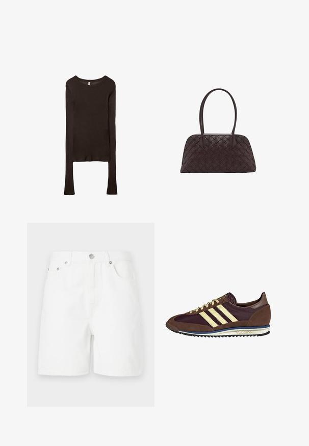 Langærmet, tætsiddende top lavet af mørkebrun stof. Rund halsudskæring, glat tekstur og let forlængede ærmer uden manchetter.; Hvide denimshorts med lige snit, der har forlommer og en knaplukning. Stoffet har en glat tekstur og ingen synlige mønstre.; Brune og bordeaux sneakers lavet af ruskind og mesh-materialer, med tre cremefarvede striber, tekstureret stof på tungen, og en gummisål.; Vævet brun lædertaske med rund form, dobbelt top håndtag og glat tekstur; har diskret syning som designdetalje.