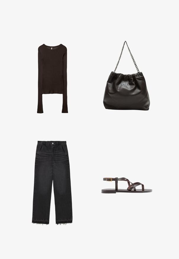 Dlouhý rukáv, přiléhavý top vyrobený z tmavě hnědé látky. Kulatý výstřih, hladká textura a mírně prodloužené rukávy bez manžet.; Černé denimové kalhoty s rovnými nohavicemi. Vlastnosti zahrnují vysoký pas, třepící se lem a jemnou vybledlou strukturu po celém povrchu. Součástí jsou přední kapsy.; Hnědé kožené sandály s kříženými pásky, uzavřením na přezku u kotníku a plochou podrážkou s minimem švů.; Hnědá kožená taška se sbíraným vrškem a řetízkovým popruhem. Hladký povrch s lesklým finišem a jemným švem na bocích.