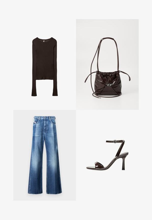 Dlouhý rukáv, přiléhavý top vyrobený z tmavě hnědé látky. Kulatý výstřih, hladká textura a mírně prodloužené rukávy bez manžet.; Džínové kalhoty s širokými nohavicemi, modré, s vybledlým povrchem. Obsahují pět kapes, zapínání na knoflík a kontrastní svislé panely.; Hnědé lakované kožené sandály na vysokém podpatku s páskem kolem kotníku, otevřenou špičkou a elegantním, minimalistickým designem. Obsahují čtvercový podpatek.; Tmavě hnědá lesklá kožená taška přes rameno s nařaseným vrškem a tenkým nastavitelným popruhem, se malým detailním stříbrným zapínáním na přední straně.