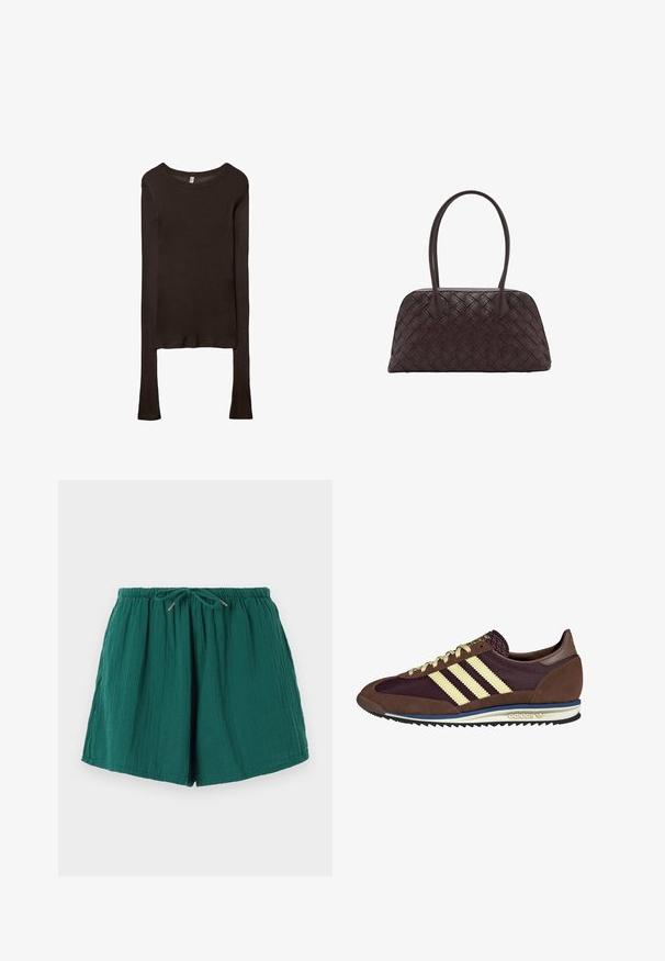 Långärmad, figurnära topp i mörkbrunt tyg. Rund halsringning, slät yta och något förlängda ärmar utan manschetter.; Gröna, lätta shorts med elastisk midja och dragsko. Har ett strukturerat tyg med en mjuk, rynkad yta.; Bruna och burgundy sneakers i mocka och mesh-material, med tre krämfärgade ränder, textil på tungan och en gummisula.; Vävd brun läderhandväska med rundad form, dubbla handtag på toppen och slät textur; har subtil sömnad för designdetaljer.