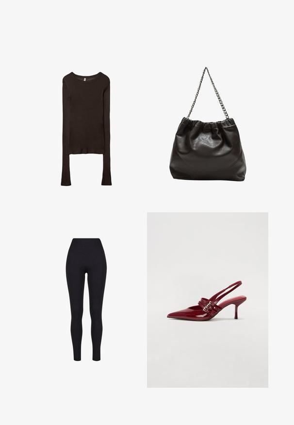 Maglietta aderente a maniche lunghe realizzata in tessuto marrone scuro. Collo rotondo, superficie liscia e maniche leggermente allungate senza polsini.; Leggings neri a vita alta, realizzati in tessuto elasticizzato, con una texture liscia e un design aderente senza cuciture o fantasie visibili.; Décolleté slingback in vernice rossa con punta affusolata, due cinturini con fibbia e un sottile tacco a stiletto di media altezza. Texture liscia.; Borsa in pelle marrone con parte superiore arricciata e tracolla a catena. Texture liscia con finitura lucida e dettagli di cucitura sottili sui lati.
