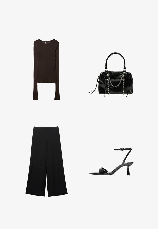 Langärmliges, tailliertes Oberteil aus dunkelbraunem Stoff. Runder Ausschnitt, glatte Textur und leicht verlängerte Ärmel ohne Bündchen.; Schwarze, weit geschnittene Hosen aus einem weichen Stoff. Mit hoher Taille und glatter Textur, ohne sichtbare Muster oder Akzente.; Bershka High Heel Sandalette - black; Bershka WITH CHAIN - Handtasche - black