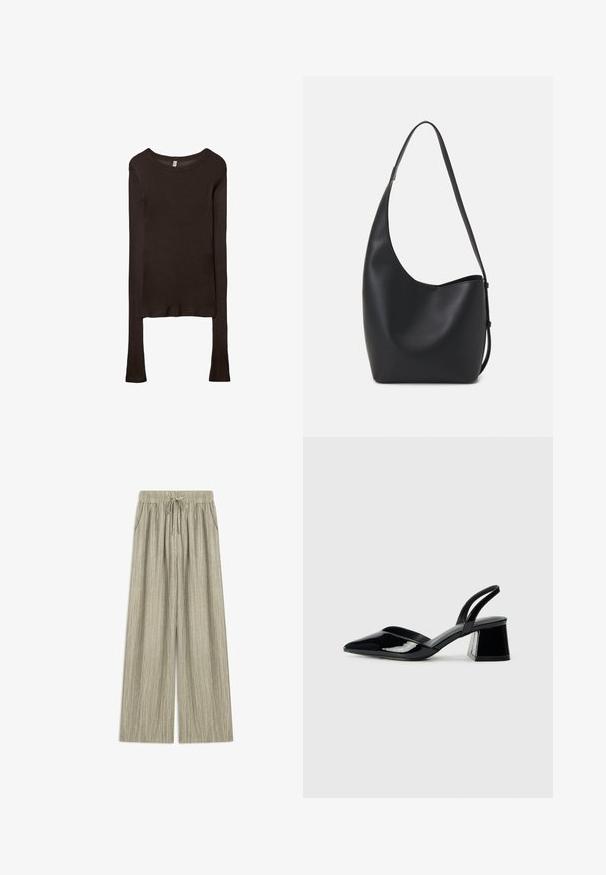 Haut ajusté à manches longues en tissu marron foncé. Encolure ronde, texture lisse et manches légèrement allongées sans poignets.; Pantalons larges gris clair avec une taille élastique, un cordon de serrage et des poches latérales. Le tissu texturé présente des rayures verticales subtiles.; Escarpins en cuir verni noir avec bout pointu et talon bloc géométrique. Présente un design élégant et minimaliste ainsi qu'une texture lisse.; Sac hobo en cuir noir avec une texture lisse, une forme incurvée et une seule sangle réglable ; dispose d'une large ouverture en haut.