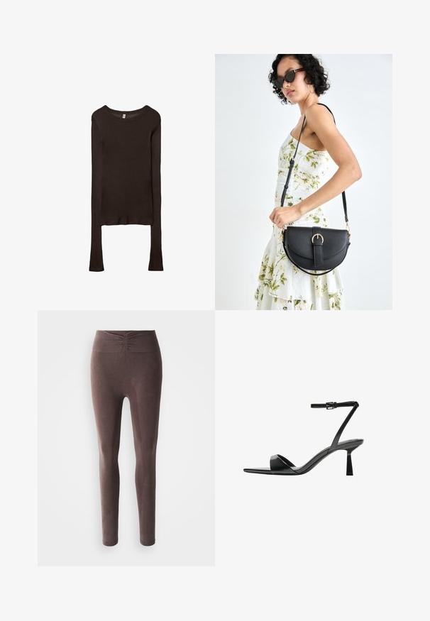Dugi rukavi, uska majica izrađena od tamnosmeđeg materijala. Okrugli izrez, glatka tekstura i blago produženi rukavi bez manžeta.; Tamne smeđe visoke rebraste tajice s nabranošću na pojasu, prikazane na bijeloj pozadini.; Bershka Sandale s visokom petom - black; Crna kožna torba s lukovitim oblikom, odvojivim remenom i zlatnim detaljima. Torba ima preklop s kopčom.