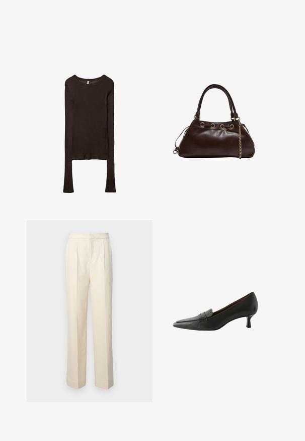 Maglietta aderente a maniche lunghe realizzata in tessuto marrone scuro. Collo rotondo, superficie liscia e maniche leggermente allungate senza polsini.; Pantaloni color crema su misura con gamba dritta, caratterizzati da pieghe frontali e una finitura liscia. La vita è piatta e priva di decorazioni.; Scarpa nera in pelle con tacco e punta affusolata, dotata di una fascia decorativa. Presenta un tacco a stiletto basso e una superficie liscia.; Borsa a mano in pelle marrone scuro con finitura liscia, caratterizzata da una forma strutturata, accessori in tono oro e doppi manici con un accentuazione a catena.