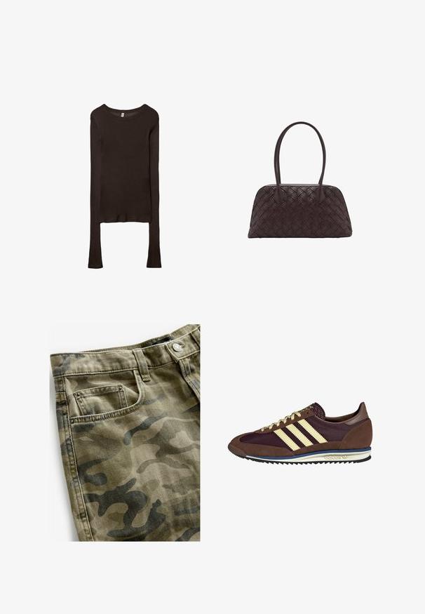 Long-sleeve, fitted top made of dark brown fabric. Round neckline, smooth texture, and slightly extended sleeves without cuffs.; Next Denim shorts - camo print; Brown and burgundy sneaker with suede and mesh materials, featuring three cream stripes, textured fabric on the tongue, and a rubber sole.; Woven brown leather handbag with rounded shape, dual top handles, and smooth texture; features subtle stitching for design detail.