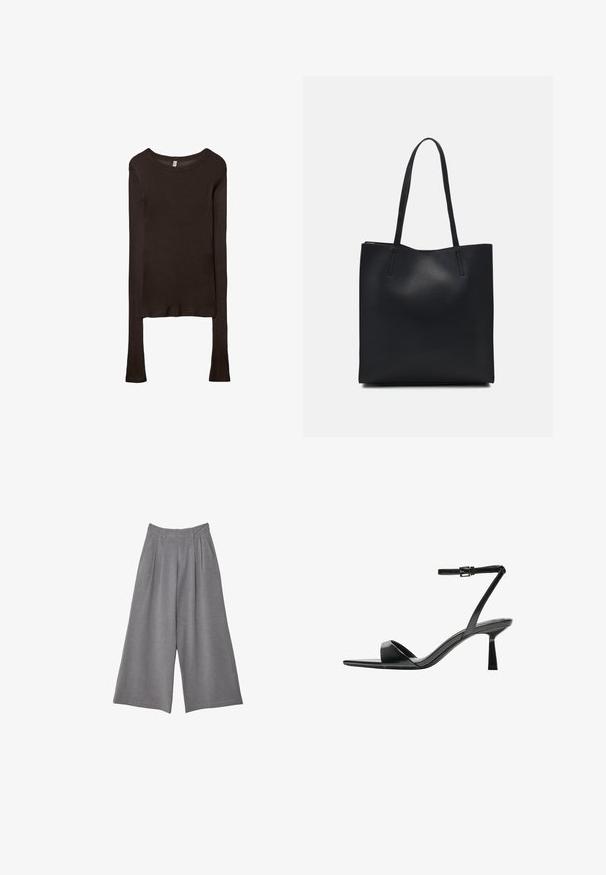 Langærmet, tætsiddende top lavet af mørkebrun stof. Rund halsudskæring, glat tekstur og let forlængede ærmer uden manchetter.; Grå brede bukser i tekstureret stof med plisser ved taljen og to sidelommer. Designet med en mellemhøj pasform.; Bershka Højhælede sandaletter / Højhælede sandaler - black; Sort læder tote taske med glat tekstur, rektangulær form og to lange hanke. Ingen synlig hardware eller udsmykninger.