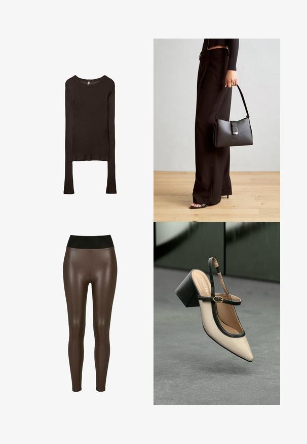 Dlhý rukáv, priliehavý top vyrobený z tmavohnedého materiálu. Okrúhly výstrih, hladká textura a mierne predĺžené rukávy bez manžiet.; Hnedé legíny z faux kože s vysokým čiernym pásom, s hladkým, lesklým povrchom a priliehavým strihom k členkom.; Béžová lodička so špicatou špičkou, s čiernym lemom, zlatou prackou a robustným blokovým podpätkom na šedom podlahe s tmavozeleným pozadím.; Čierna kabelka so štruktúrovaným tvarom, hladkou textúrou a kovovou sponou. V kombinácii so širokými čiernymi nohavicami a sandálmi s otvorenou špičkou na drevenej podlahe.