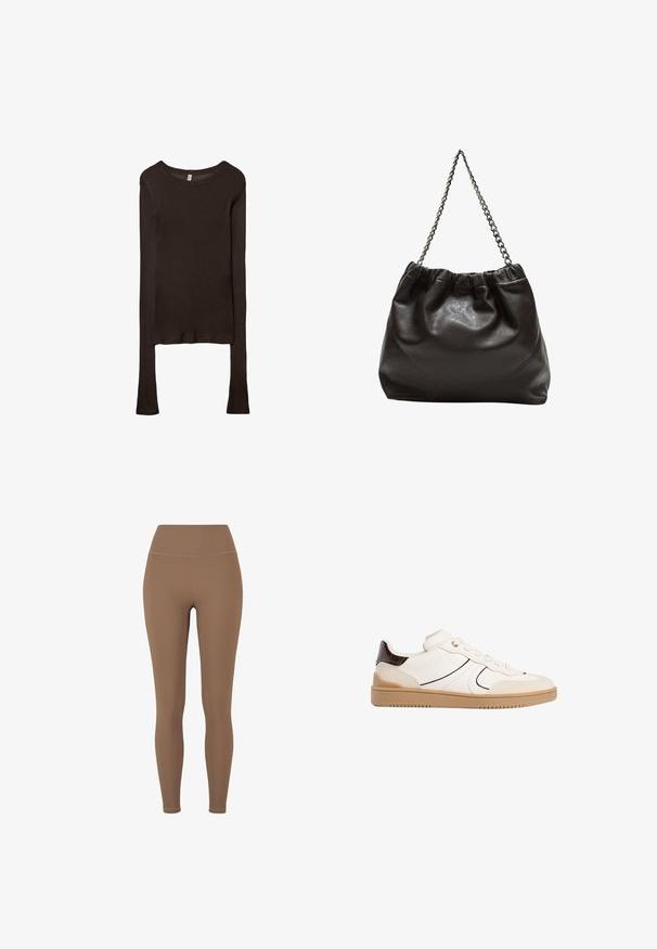 Langärmliges, tailliertes Oberteil aus dunkelbraunem Stoff. Runder Ausschnitt, glatte Textur und leicht verlängerte Ärmel ohne Bündchen.; Braune, gerippte Leggings mit hohem Bund. Der Stoff scheint dehnbar und glatt zu sein, mit minimaler Naht und ohne sichtbare Muster.; Stradivarius Sneaker low - white; Braune Lederhandtasche mit gerafftem Oberteil und Kettenriemen. Glatte Textur mit glänzendem Finish und subtilen Nahtdetails an den Seiten.