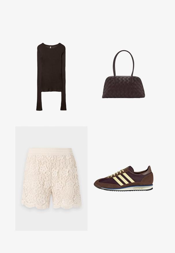 Dlouhý rukáv, přiléhavý top vyrobený z tmavě hnědé látky. Kulatý výstřih, hladká textura a mírně prodloužené rukávy bez manžet.; Krajkové šortky v přírodní bílé s květinovými vzory, s volánkovým lemem a elastickým pasem, s jemným zdobením po celé látce.; Hnědé a burgundské tenisky z semiše a síťoviny, s třemi krémovými pruhy, texturovaným materiálem na jazyku a gumovou podrážkou.; Tkaná hnědá kožená kabelka zaobleného tvaru, s dvojitými horními uchy a hladkým povrchem; obsahuje jemné prošívání jako designový detail.