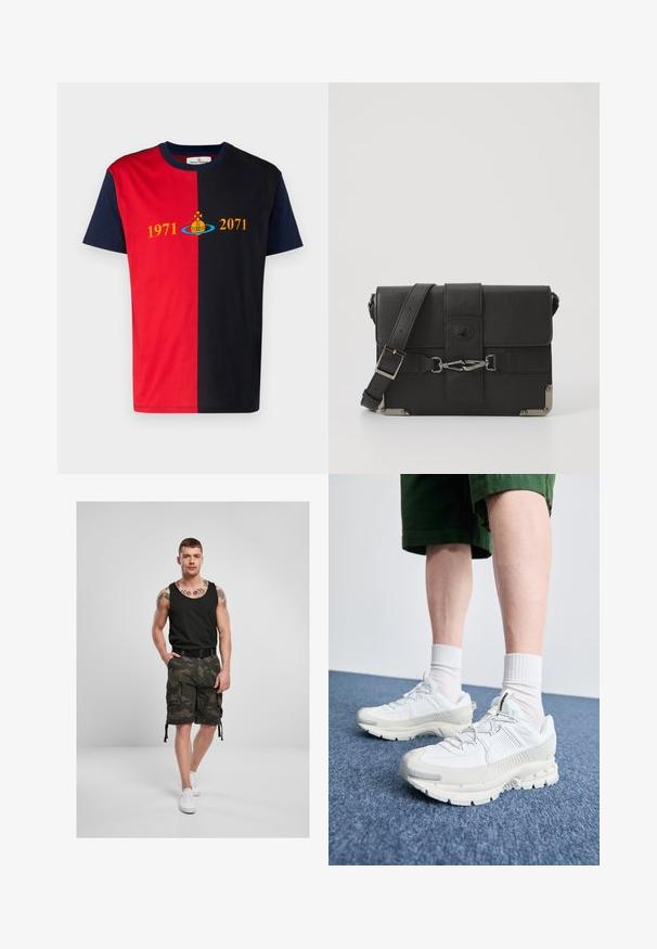 T-krekls ar īsām piedurknēm, kas izceļas ar sadalītu dizainu sarkanā un tumši zilā krāsā, rotāts ar dzeltenu tekstu "1971" un "2071" un grafisku logo.; Melna bezpiedurkņu krekls, kamuflāžas cargo šorti ar kabatām, ar auklām apakšmalās un melna josta. Baltas sporta kedas pabeidz izskatu uz neitrāla fona.; Baltas sporta apavi ar teksturētām detaļām, masīvu zoli un pelēkiem akcentiem. Valkāti ar baltiem zeķu pēdu apģērbiem un zaļām šortiem uz zilas virsmas.; Melna ādas sūtījumu soma ar strukturētu virsmu, metāla detaļu akcentiem, regulējamu siksnu un klapanu ar sprādžu detaļām.