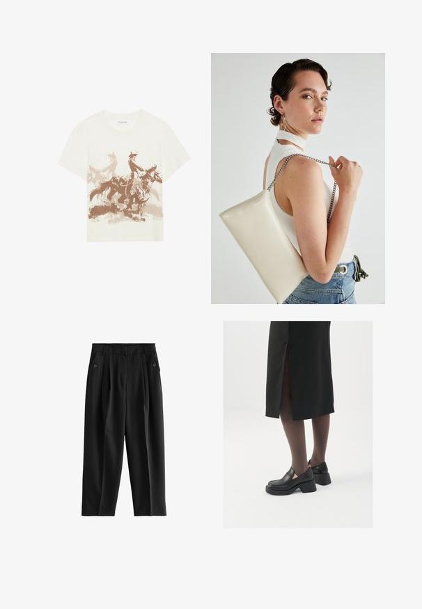 Helebeežist puuvillane T-särk, millel on pruun graafikaprint kahest liikumises ratsutajast. Ringkaelus ja lühikeste varrukatega.; Mustad püksid laia sääre disainiga, esiosas voldid ja kaks külgtaskut, millel on nööpide aktsendid. Sile ja kerge kangas.; Mustad mustad jalatsid ümmarguse varbaga, paksu plokkniidi ja elastsete külgdetailidega, kombineeritud tumedate sukkade ja musta lõhikuga seelikuga.; Valge ristkülikuline kotti, mis on valmistatud läikivast materjalist, hõbedase ahelsangaga. Mudel poseerib, tutvustades kotti ühtlase taustaga.