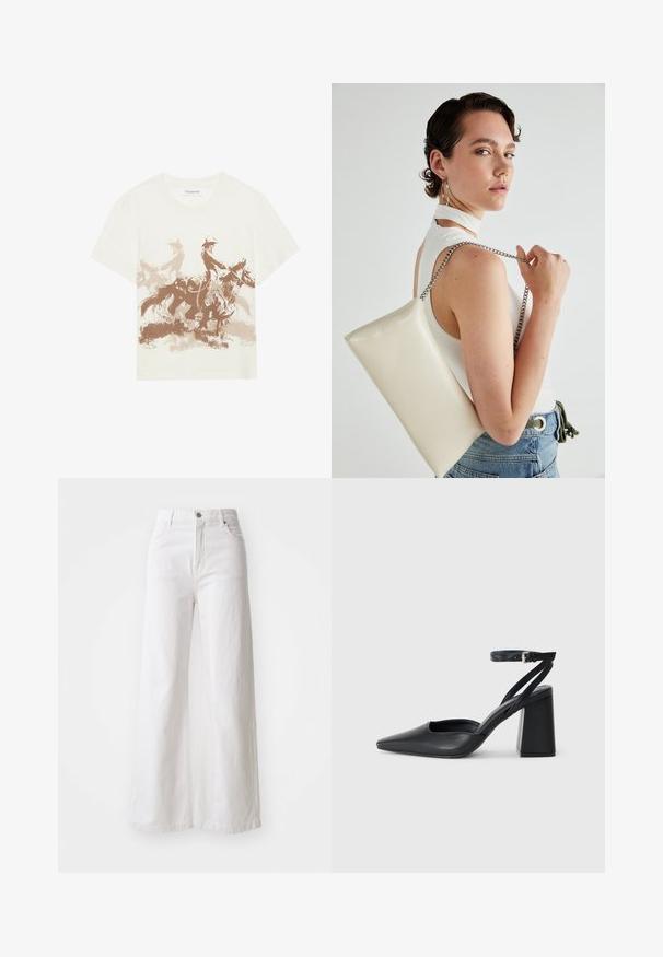 Vaalea beige puuvillapaita, jossa on ruskea graafinen printti kahdesta ratsastajasta liikkeessä. Pyöreä pääntie ja lyhyet hihat.; Valkoiset leveälahkeiset farkut, joissa on korkeavyötärö, etupainike ja sivutaskut. Teksturoitu kangas, jossa on näkyvät saumat.; Mustat nahkakengät, joissa on kapea kärki, nilkkaremmi ja paksu korko. Tasainen pinta, tyylikäs muotoilu ja minimalistinen estetiikka.; Valkoinen suorakulmainen clutch-laukku, joka on valmistettu kiiltävästä materiaalista ja jossa on hopeinen ketjuolkahihna. Malli poseeraa laukku käsivarsillaan yksinkertaista taustaa vasten.