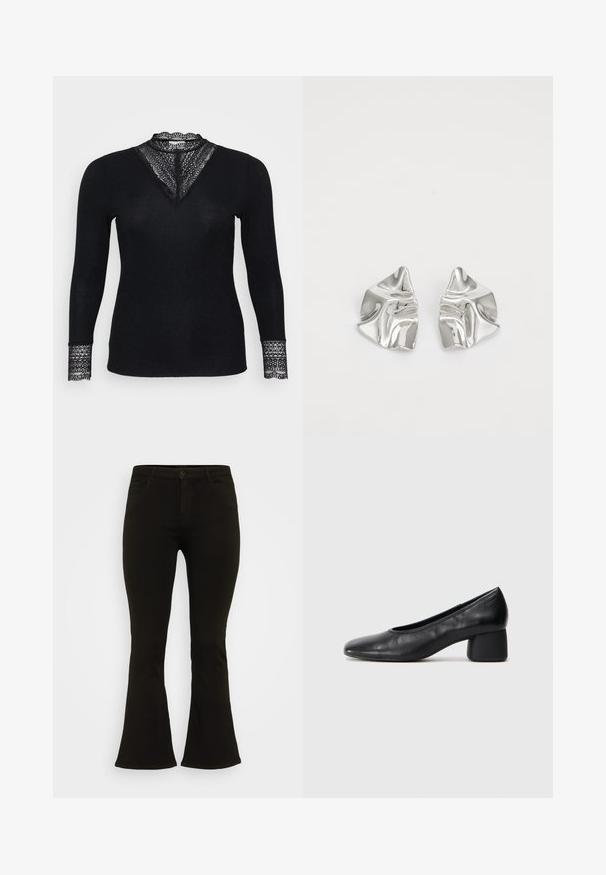 Mustassa pitkähihaisessa paidassa on ribbitekstuuri, jossa on pitsikoristeita kaula-aukossa ja hihan päädyissä, sekä V-muotoinen kaula-aukko.; Mustat levenevät farkut, valmistettu puuvillakankaasta, jossa nappikiinnitys, viisi taskua ja sileä pinta. Vartalonmyötäinen malli levenevällä siluetilla.; Mustat nahka avokkaat, joissa on pyöristetty kärki ja keskipitkä lohko korko. Sileä pinta, jossa on minimaalinen yksityiskohtaisuus, ja siinä on hillitty elastinen aukko.; Hopeakauppaketju, jossa on aaltoileva, veistoksellinen muotoilu ja kiiltävä pinta, esittelee epäsäännöllisiä muotoja, korostaen nykyaikaista estetiikkaa.