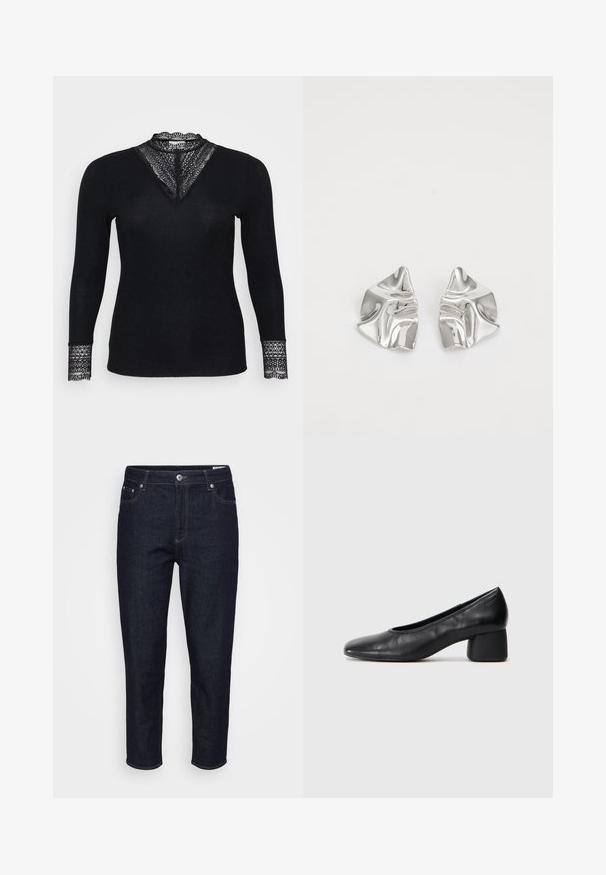 Must mustre top, mille pikendustega, ribatud tekstuuriga, pitsaktsentidega dekolteel ja varruka otstel ning V-kujulise dekolteega disain.; Sirgedalt sinised teksad otse jalgade jaoks, millel on ees taskud, vöökohad ja ees nupuvajutus, välja pandud neutraalse tausta taustal.; Must musta kingadega, ümarate varvaste ja keskmise plokknõrga. Sile tekstuur, minimaalse kaunistusega, kergelt elastse avaga.; Hõbedased metallkõrvarõngad lainelise, skulpturaalse disainiga, millel on poleeritud viimistlus ja ebaregulaarsed kujundid, rõhutades kaasaegset esteetikat.