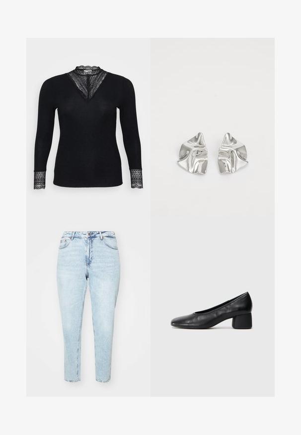 Must mustre top, mille pikendustega, ribatud tekstuuriga, pitsaktsentidega dekolteel ja varruka otstel ning V-kujulise dekolteega disain.; Heledad sinine teksapüksid, millel on kõrge vöökoht, kitsenevad sääred ja töötlemata äär. Omab klassikalist viit taskut ja metallist nööbikinnitust.; Must musta kingadega, ümarate varvaste ja keskmise plokknõrga. Sile tekstuur, minimaalse kaunistusega, kergelt elastse avaga.; Hõbedased metallkõrvarõngad lainelise, skulpturaalse disainiga, millel on poleeritud viimistlus ja ebaregulaarsed kujundid, rõhutades kaasaegset esteetikat.