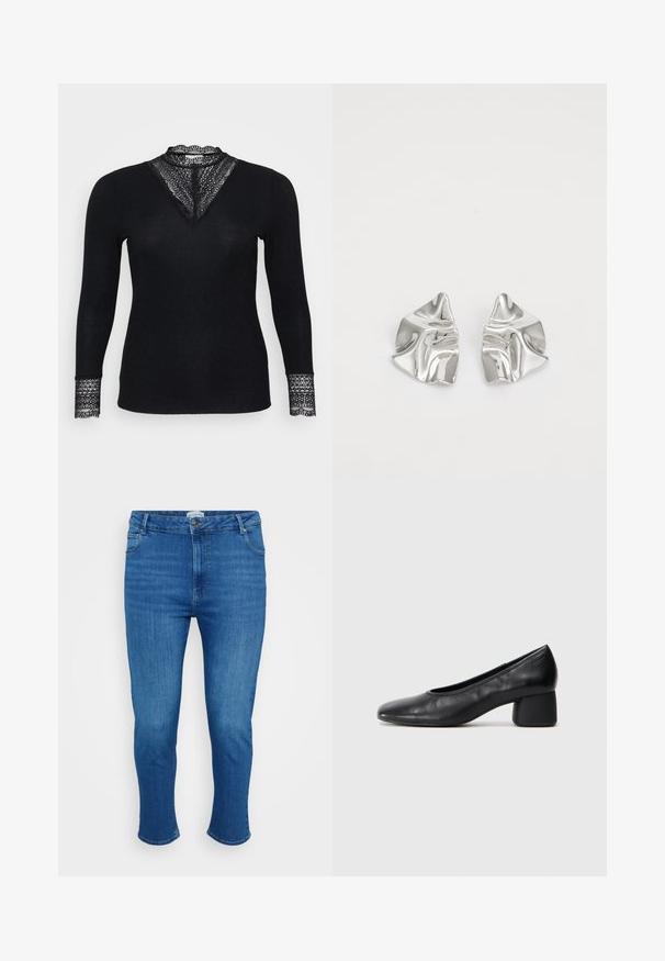 Camisola preta de mangas compridas com uma textura canelada, apresentando detalhes de renda no decote e nos punhos das mangas, além de um design de decote em V.; Calças de ganga azuis de cintura alta, com botão e fecho de correr à frente, cinco bolsos e um corte slim straight-leg.; Sapato de salto preto em couro com bico arredondado e salto médio bloco. Textura suave com detalhes mínimos, apresentando uma abertura elástica discreta.; Brincos de metal prateado com um design ondulante e escultural, apresentando um acabamento polido e formas irregulares, destacando uma estética contemporânea.