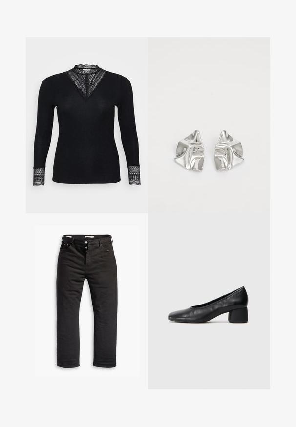 Melns garu piedurkņu tops ar ribu tekstūru, ar mežģīņu akcentiem ap kakla izgriezumu un piedurknēm, un V formas izgriezuma dizainu.; Melnas džinsus ar taisnu kāju dizainu, ar pogu aizdari, piecām kabatām un smalkajiem dūrienu apdari. Gluda tekstūra.; Melna ādas kurpe ar noapaļotu purngalu un vidēja izmēra blokkāju. Gluda tekstūra ar minimāliem dekoriem, ar delikātu elastīgu atveri.; Sudraba metāla auskari ar viļņainu, skulpturālu dizainu, kas izceļas ar pulētu apdari un neregulārām formām, uzsverot mūsdienīgu estētiku.