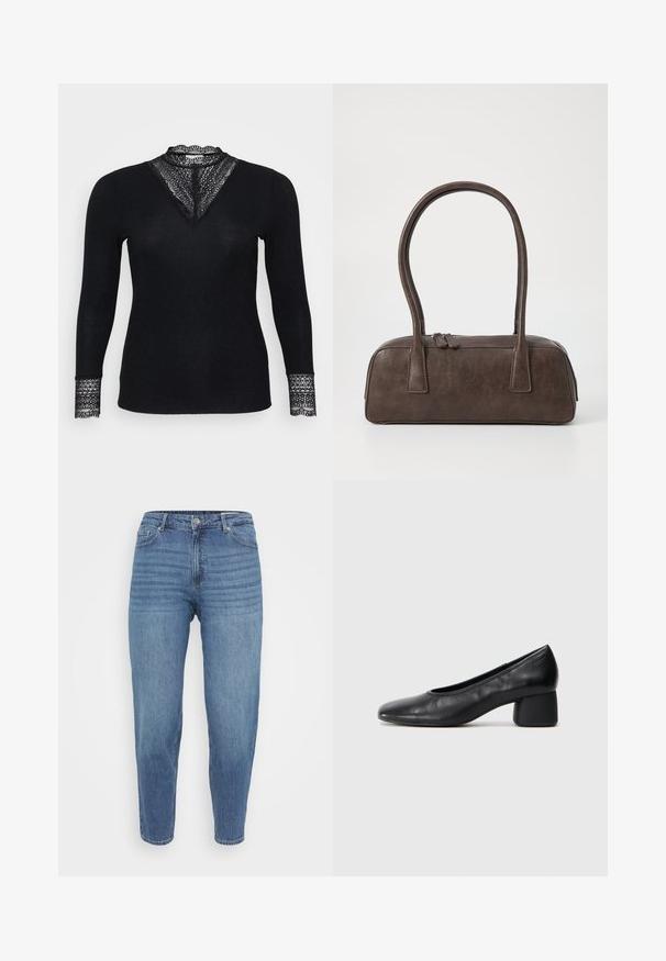 Crni dugi rukav majica s rebrastom teksturom, s čipkastim detaljima na izrezu i manžetama, te V-izrezom.; Svijetloplavi traperice s ravnim krojem, koje imaju zatvaranje na gumbe, pet džepova i suptilne horizontalne šavove.; Crna kožna pumpica s okruglim vrhom i srednje blok petom. Glatka tekstura s minimalnim detaljima, s suptilnim elastičnim otvaranjem.; Smeđa kožna torba s dvije čvrste ručke, pravokutnog oblika, glatke teksture i zatvaranjem na zatvarač. Minimalistički dizajn bez vidljivih uzoraka.; Srebrne metalne naušnice s valovitim, skulpturalnim dizajnom, naglašenim sjajnom završnom obradom i nepravilnim oblicima, što ističe suvremeni estetski izraz.