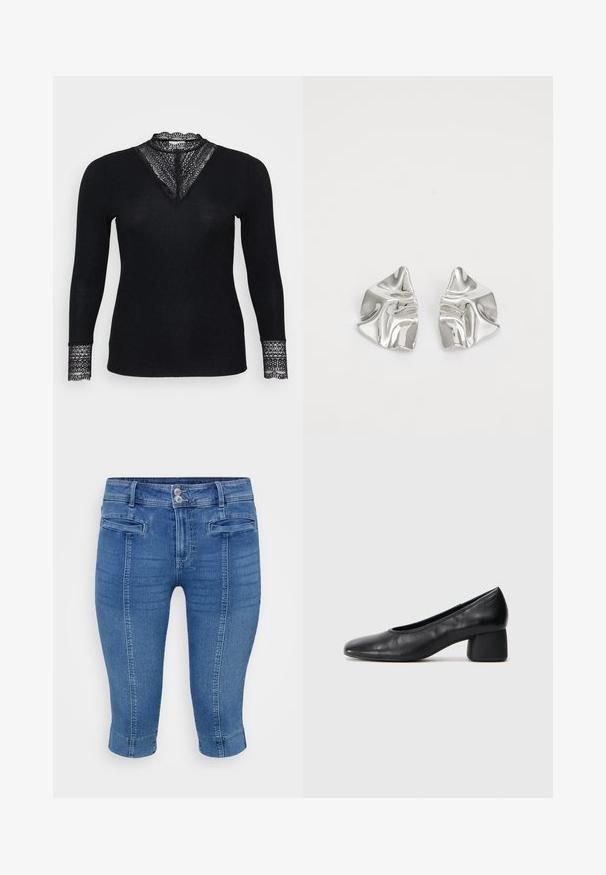 Maglietta nera a maniche lunghe con texture a coste, caratterizzata da dettagli in pizzo sul collo e sui polsini, e un design del collo a V.; Pantaloni capri in denim blu con design aderente, due tasche frontali e orlo risvoltato. Il tessuto presenta una texture liscia con leggere sfumature.; Pantofole nere in pelle con punta arrotondata e tacco medio a blocco. Texture liscia con dettagli minimi, caratterizzata da un'apertura elastica sottile.; Orecchini in metallo argento con un design ondulato e scultoreo, caratterizzati da una finitura lucida e forme irregolari, che evidenziano un'estetica contemporanea.